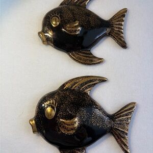 Vintage Lefton Black And Gold Kissing Angel Fish Wall Hanging 60114 50s Japan
